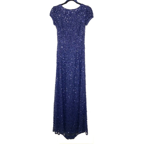 💙 ADRIANNA PAPPEL Navy Blue Sequin Embellished Beaded Gown w/ Train 0P Petite - Picture 3 of 7